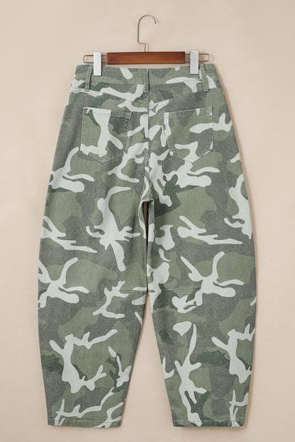 Green Camo Print Button Fly Straight Leg Ankle Length Jeans