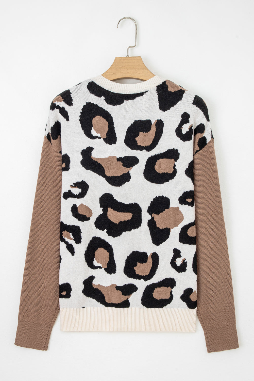 Jet Stream Leopard Print Color Block Patchwork Sleeve V Neck Sweater