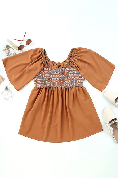 Brown Square Neck Wide Sleeves Flowy Top - Chic Meadow Boutique 