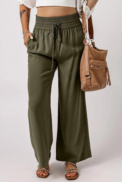 Bottoms/Pants & Culotte Green Brown Drawstring Elastic Waist Casual Wide Leg Pants