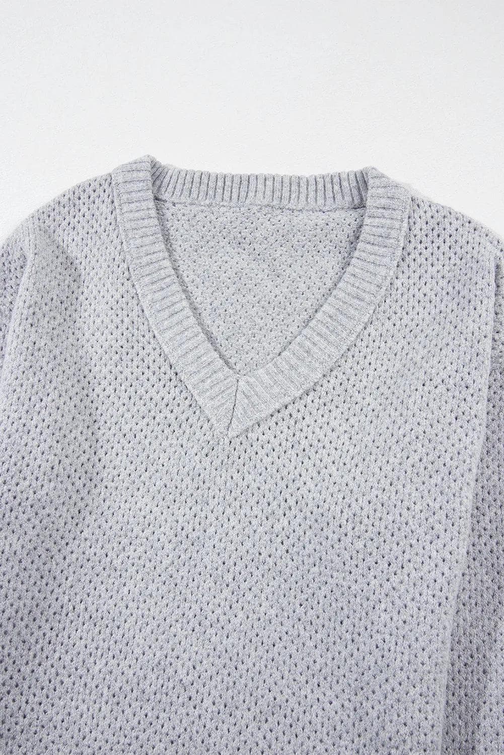 Sweaters & Cardigans/Sweaters Light Grey Loose Eyelet V Neck Drop Shoulder Sweater