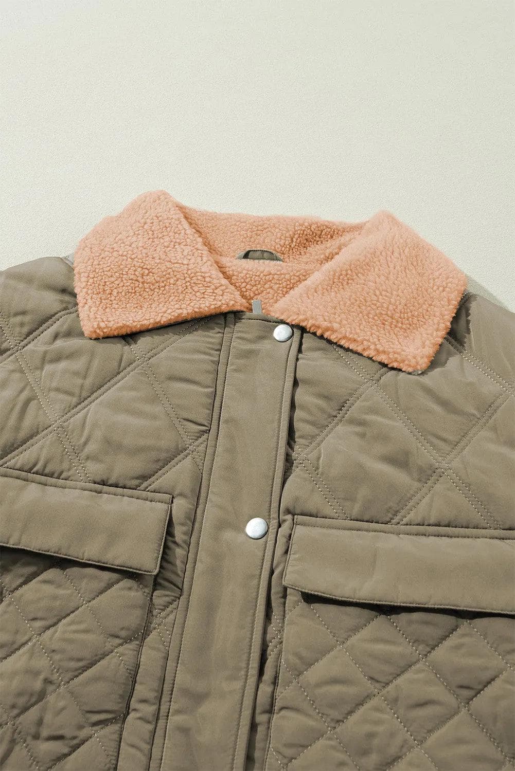 Outerwear/Jackets Jungle Green Teddy Collar Flap Pockets Quilted Puffer Jacket