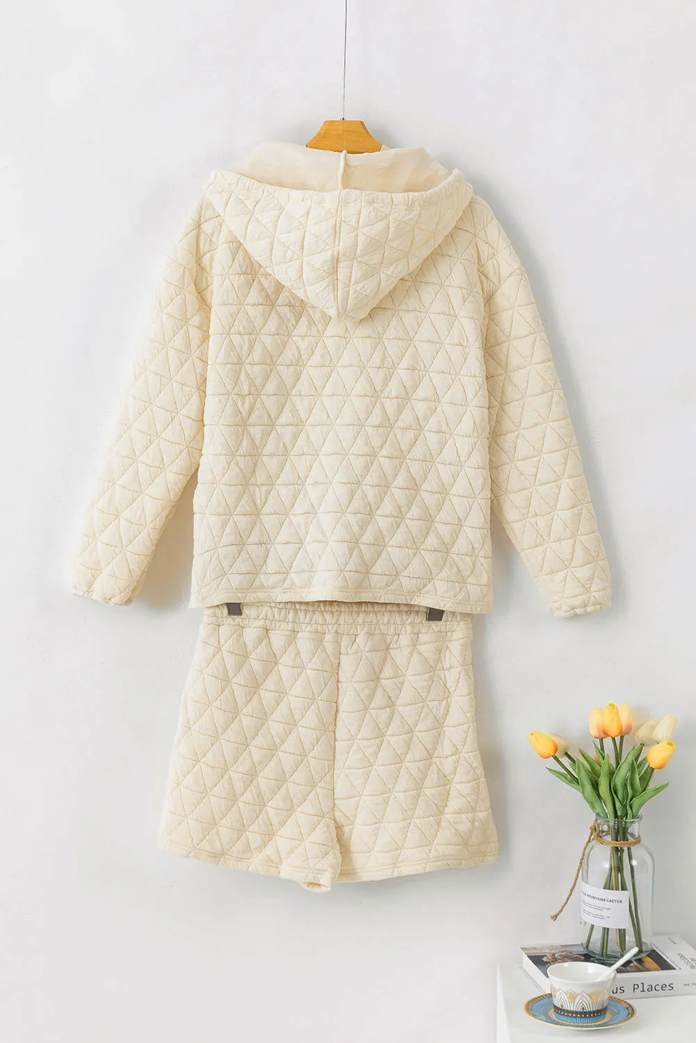 Beige Quilted V Neck Hoodie Drawstring Shorts Set - Chic Meadow Boutique 