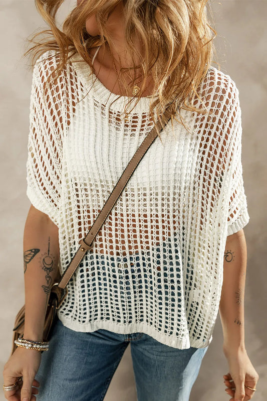 Whit Fishnet Knit Ribbed Round Neck Short Sleeve Sweater Tee - Chic Meadow Boutique 