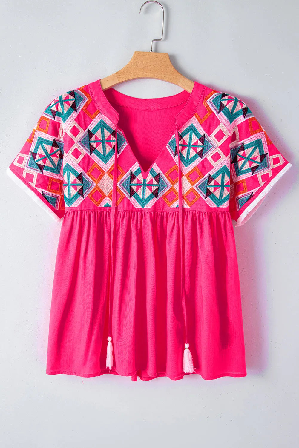 Strawberry Pink Geometric Embroidered Tassel Tie V Neck Blouse - Chic Meadow Boutique 