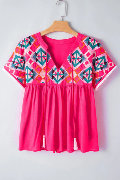 Strawberry Pink Geometric Embroidered Tassel Tie V Neck Blouse - Chic Meadow Boutique 