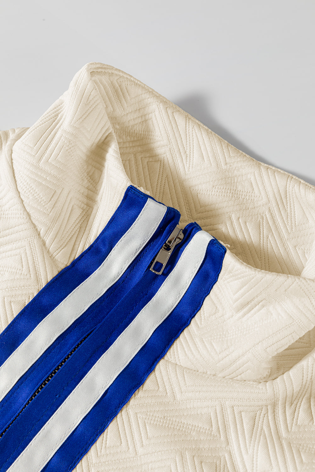 Beige Preppy Striped Trim Textured Quarter Zipper Colorblock Short Sleeve Top