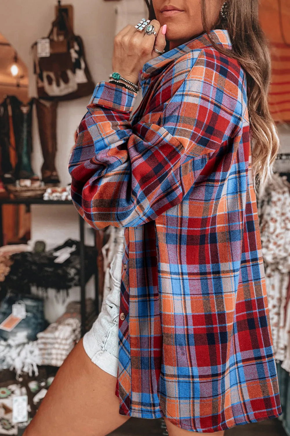 Red Plaid Print Loose Vintage Shirt - Chic Meadow Boutique 