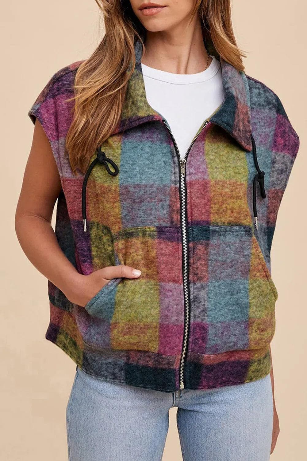 Outerwear/Vests Multicolor / S / 100%Polyester Multicolor Plaid Print Side Pockets Zipped Loose Vest