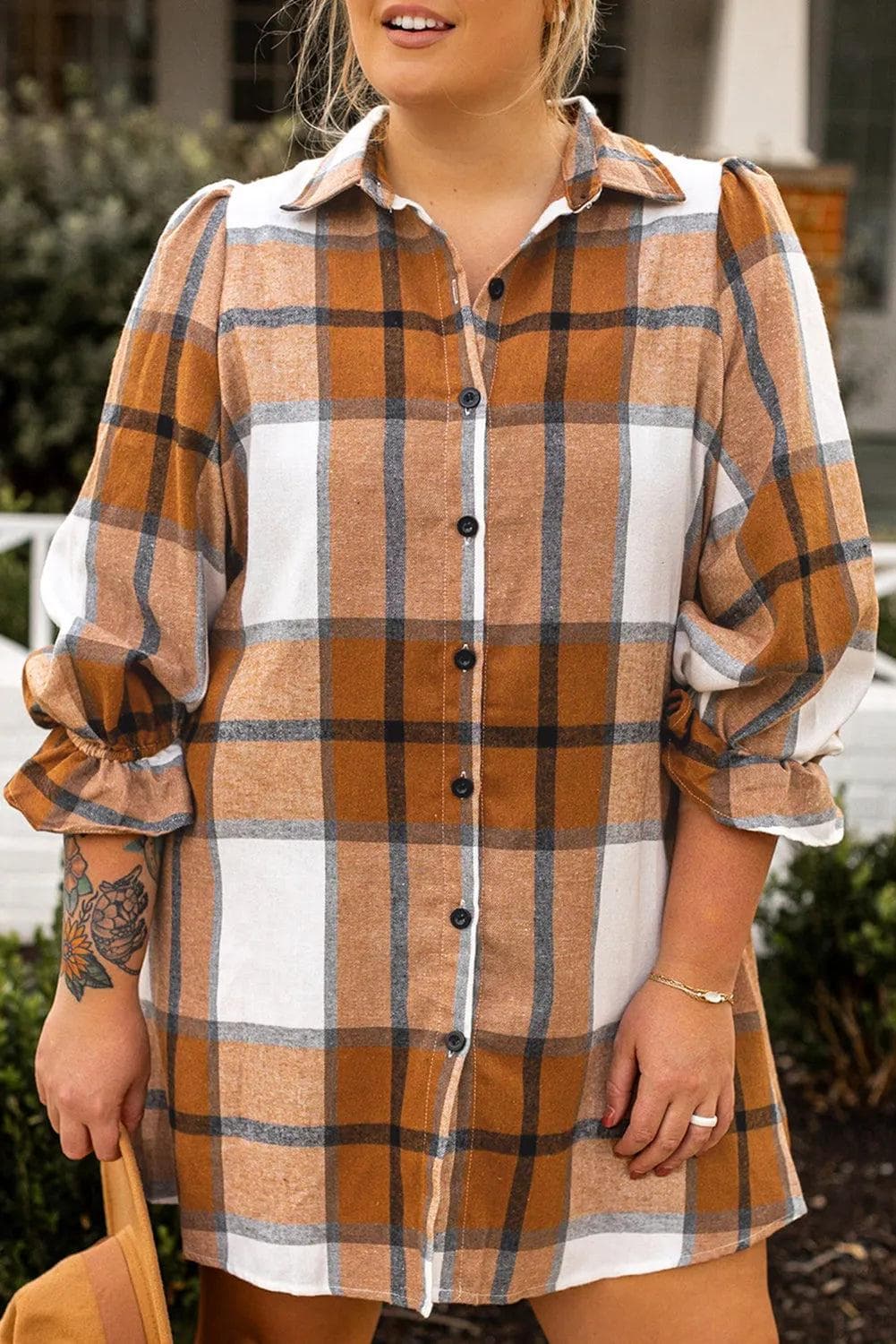 Plus Size/Plus Size Dresses/Plus Size Mini Dresses Khaki Plus Size Plaid Flounce Sleeve Button up Shirt Dress