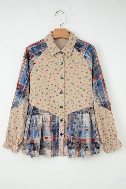 Ashleigh Blue Boho Floral Plaid Patchwork Distressed Detail Ruffled Sleeve Waffle Knit Shacket