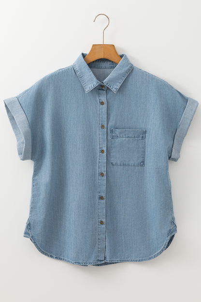 Dusk Blue Folded Short Sleeve Patched Pocket Denim Shirt