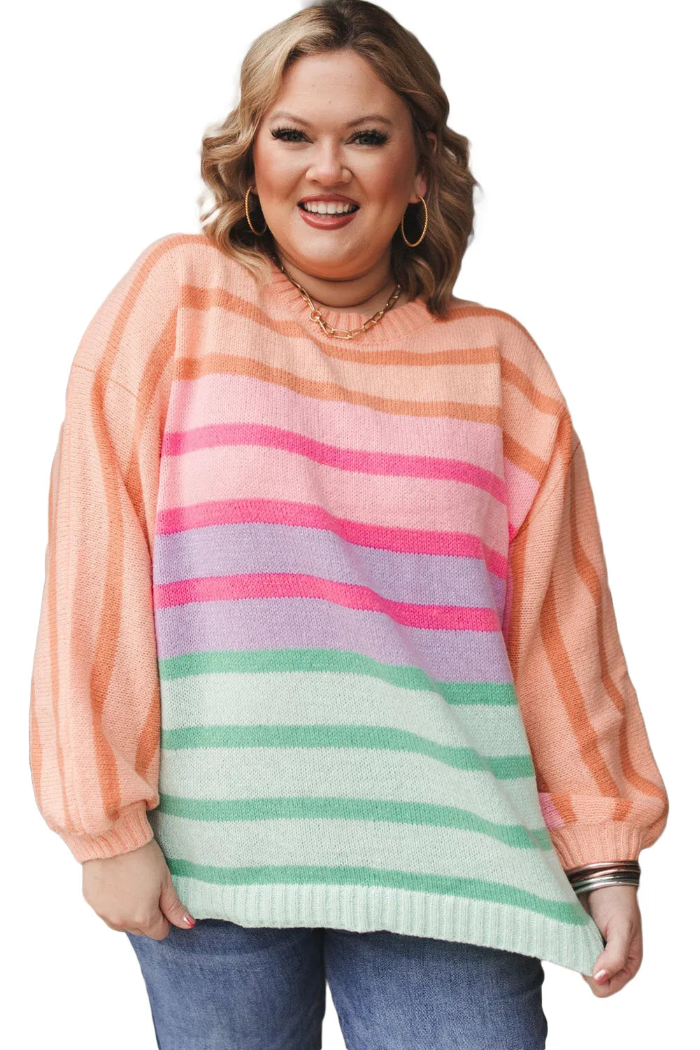 Pink Stripe Color Block Balloon Sleeve Crewneck Plus Size Sweater - Chic Meadow Boutique 