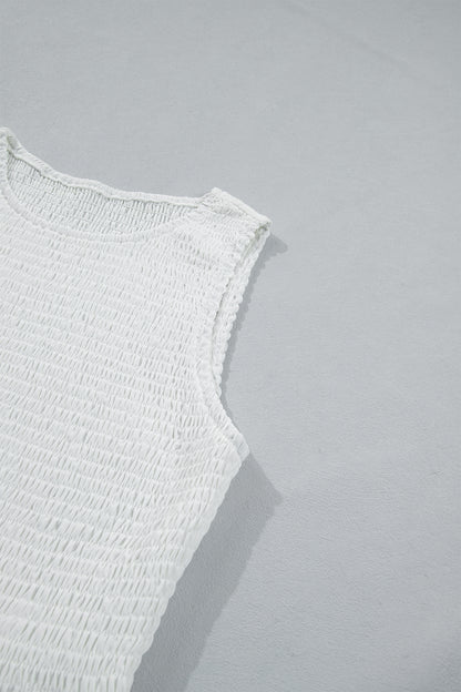White Sleeveless Smocked Lace Peplum Top