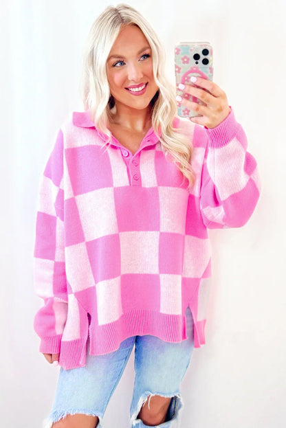 Pink Checkerboard Half Button Collared Drop Shoulder Sweater