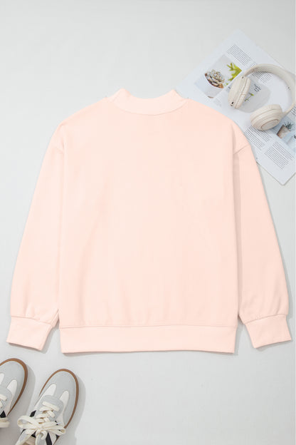 Apricot Pink Bow Knot Duck Faux Patchwork Printed Mock Neck Sweatshirt