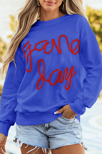 Dark Blue Tinsel Game Day Drop Shoulder Graphic Sweatshirt - Chic Meadow Boutique 