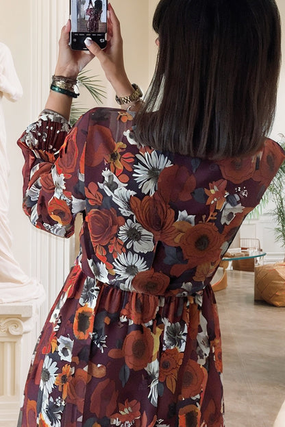 Red Floral Print Wrap V Neck Puff Sleeve Flowy Mini Dress