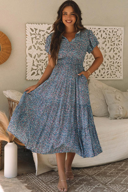 Dresses/Maxi Dresses Blue Printed V Neck Shirred Short Puff Sleeve Maxi Dress