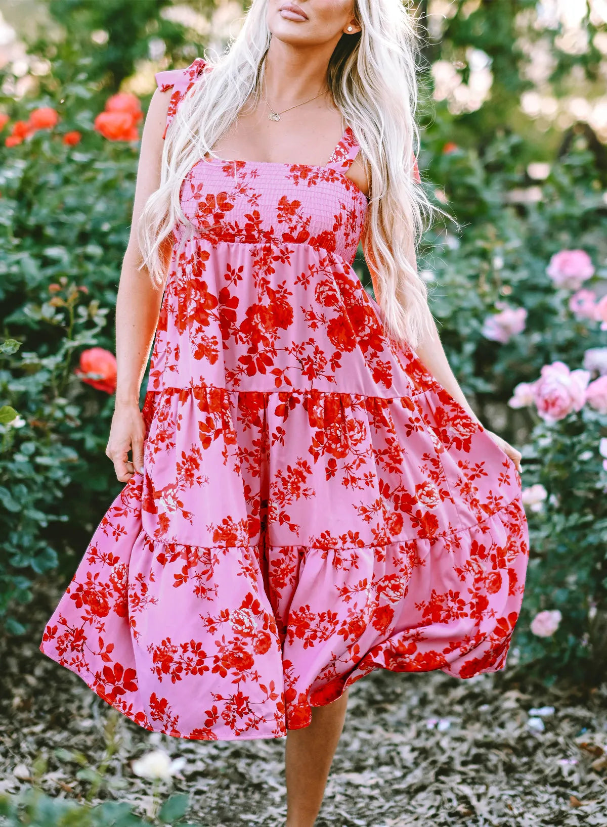 Pink Tie Shoulder Straps Tiered Floral Dress - Chic Meadow Boutique 