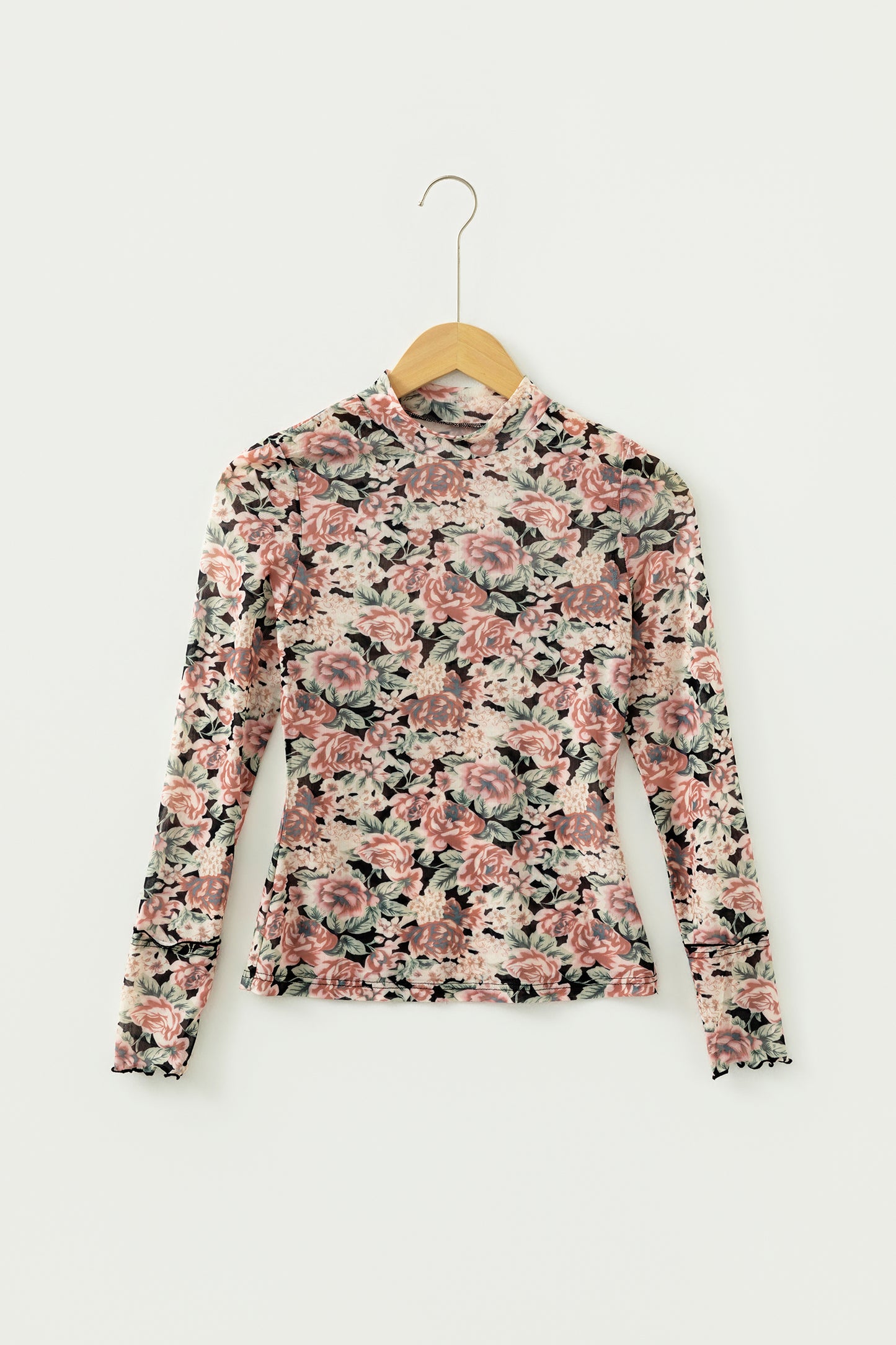 White Retro Floral Print Mock Neck Mesh Long Sleeve Top
