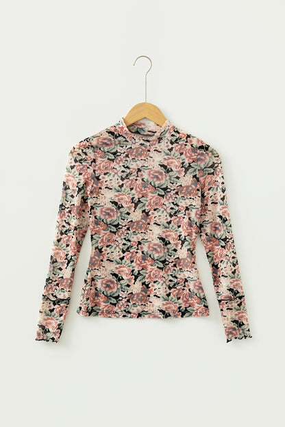 White Retro Floral Print Mock Neck Mesh Long Sleeve Top