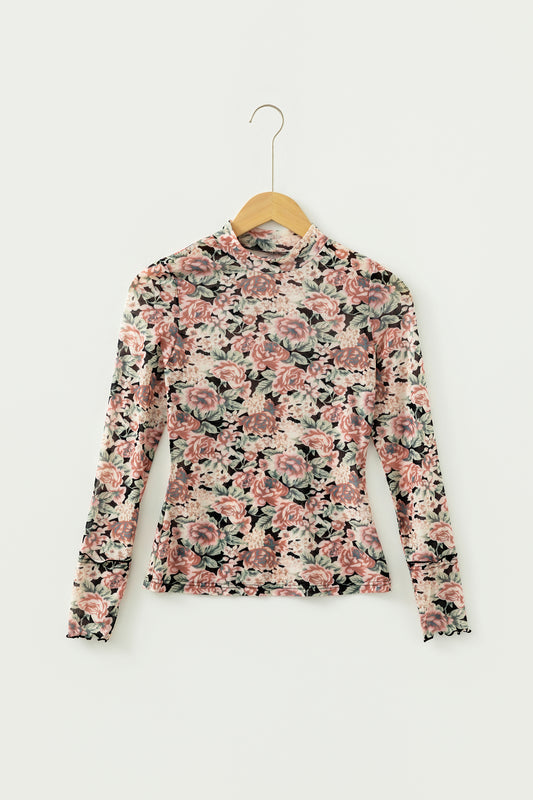 White Retro Floral Print Mock Neck Mesh Long Sleeve Top