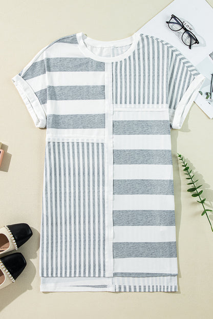 Gray Stripe Mixed Printed Short Sleeve Shift Mini T Shirt Dress