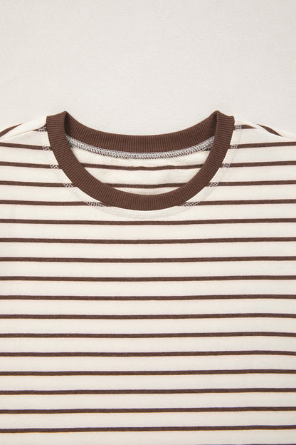 Brown Stripe Ribbed Round Neck Trim Loose Tank Top
