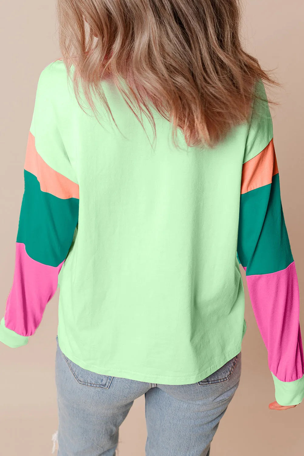 Green Colorblock Patchwork Long Sleeve Loose Top - Chic Meadow Boutique 