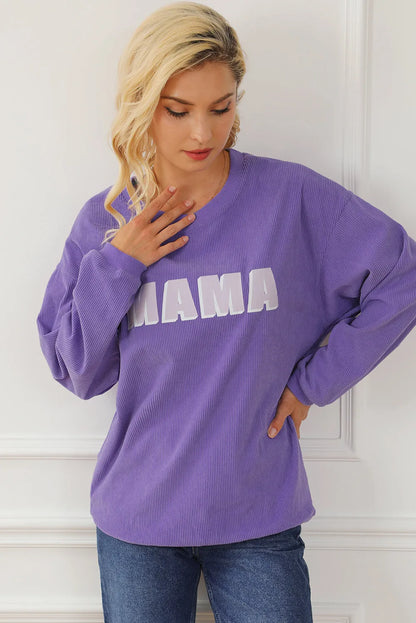 Purple MAMA Ribbed Crew Neck Pullover Sweatshirt - Chic Meadow Boutique 