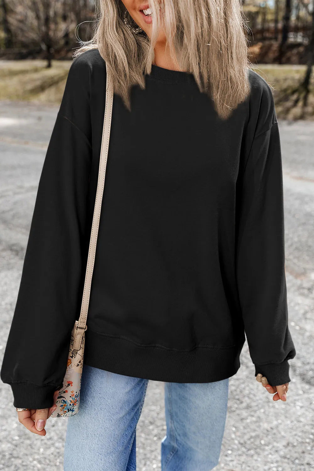 Black Plain Drop Shoulder Crewneck Pullover Sweatshirt - Chic Meadow Boutique 