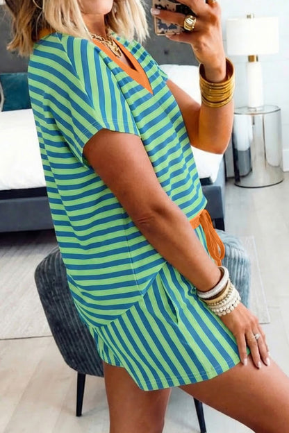Green Stripe Colorblock Trim V Neck Tee Drawstring Elastic Waist Short Set