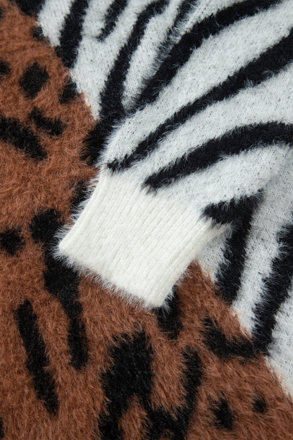 Coffee Western Leopard Zebra Print Long Sleeve Round Neck Sweater