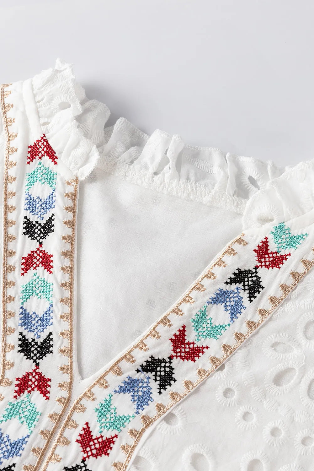 White Geometric Embroidery Hollow Out Blouse - Chic Meadow Boutique 