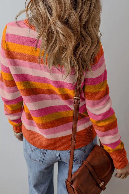 Orange Color Block Ribbed Edge Round Neck Sweater - Chic Meadow Boutique 