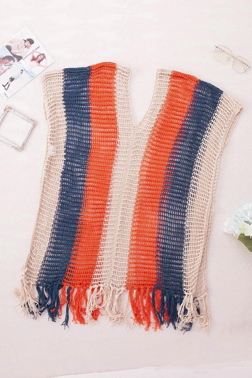 Swimwear/Beach Cover-ups Multicolor Striped Tassel Crochet V Neck Beach Cover Up