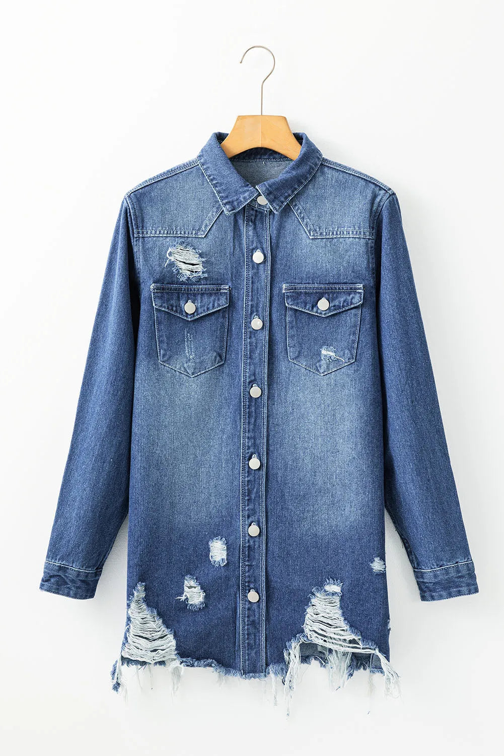 Sky Blue Light Wash Distressed Frayed Long Denim Jacket - Chic Meadow Boutique 