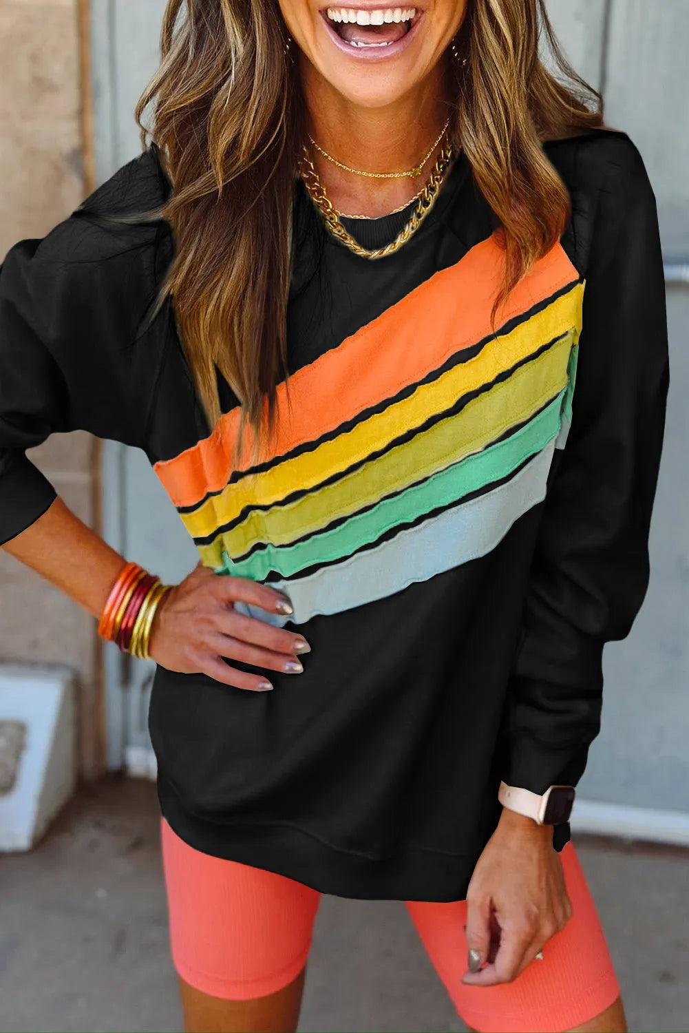 Black Rainbow Colorblock Striped Pullover Sweatshirt - Chic Meadow Boutique 