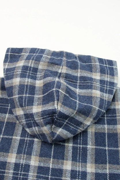 Blue Plaid Pattern Sherpa Lined Hooded Shacket - Chic Meadow Boutique 