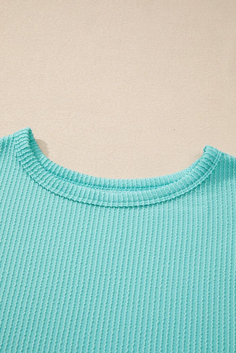 Tops/Long Sleeve Tops Aruba Blue Solid Color Corded Knit Round Neck Top