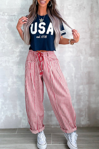 Red Stripe Drawstring Casual Loose Pants