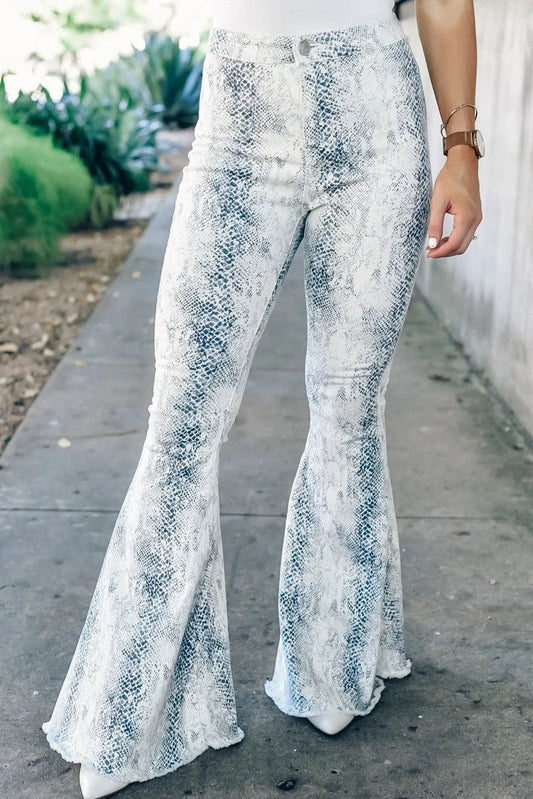 White Western Fashion High Waist Snakeskin Print Flare Pants - Chic Meadow Boutique 