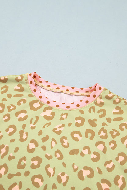 Khaki Leopard Polka Dot Colorblock Trim Long Sleeve Top