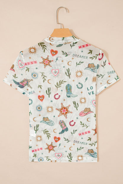 White LOVE WILD DREAMER Western Print Sheer Mesh Top