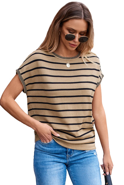 Khaki Stripe Knitted Bat Sleeve T Shirt - Chic Meadow Boutique 