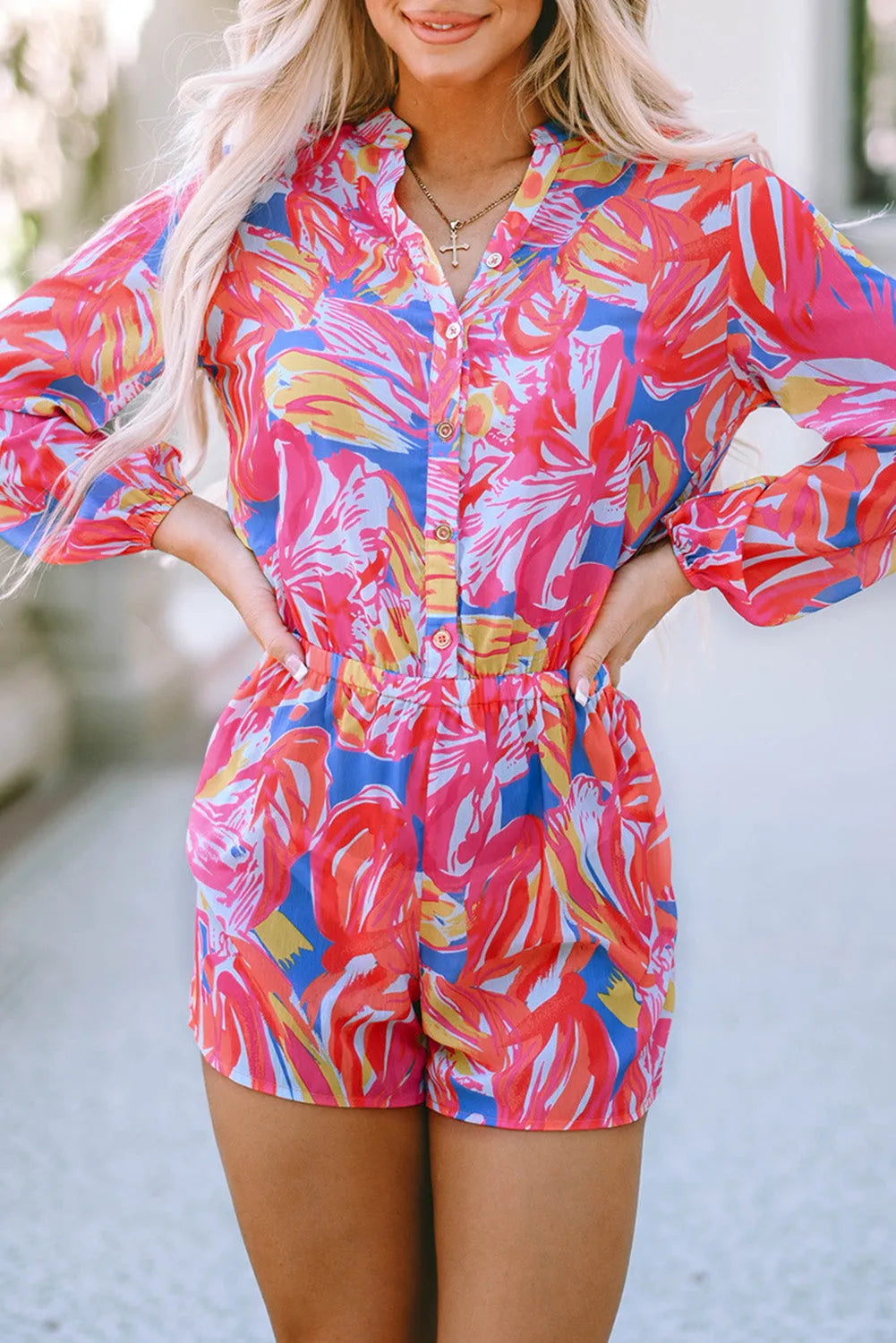 Bottoms/Jumpsuits & Rompers Multicolor Bold Graffiti Print Shirt Button Romper