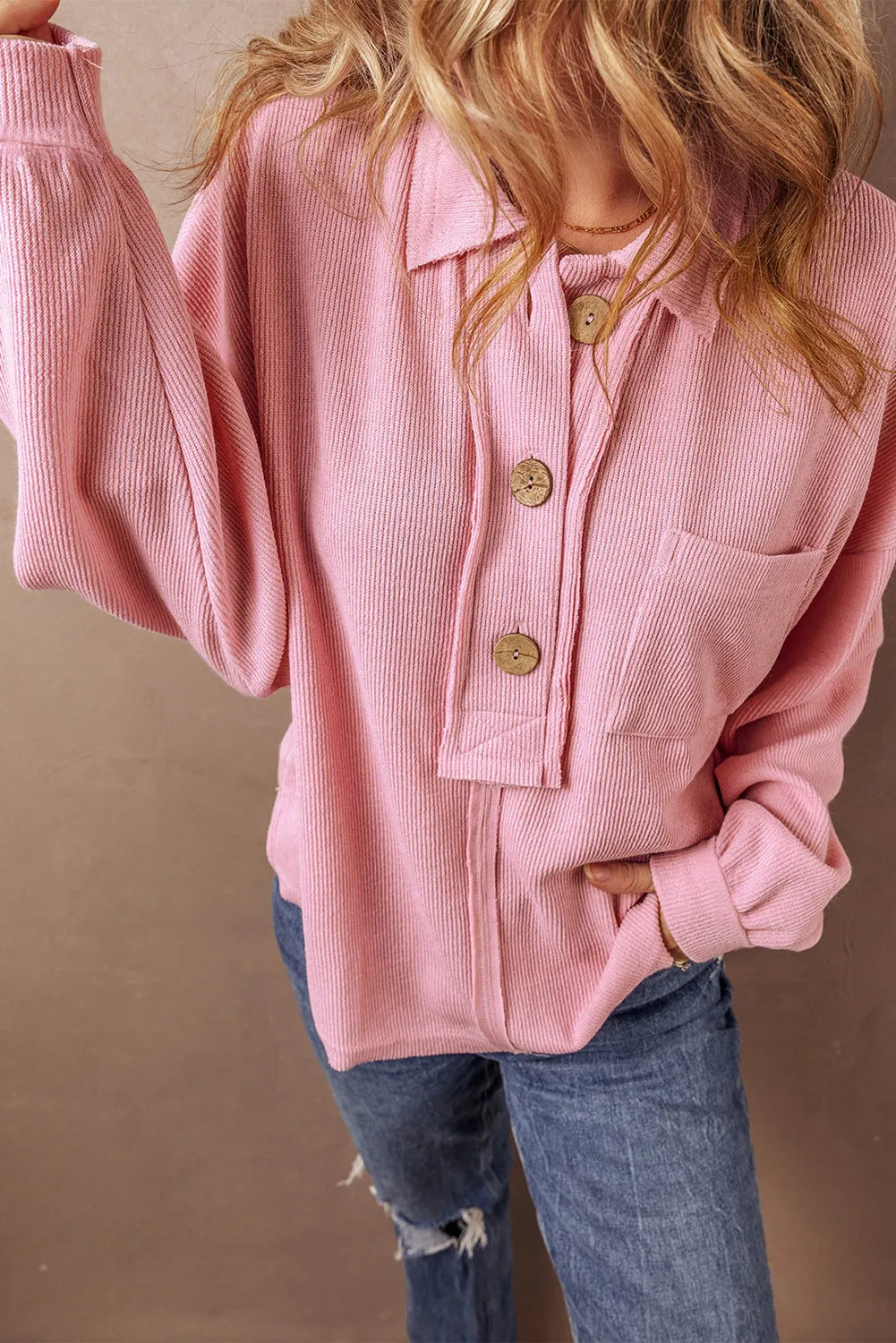 Tops/Blouses & Shirts Pink Ribbed Knit Collared Henley Top with Chest Pocket