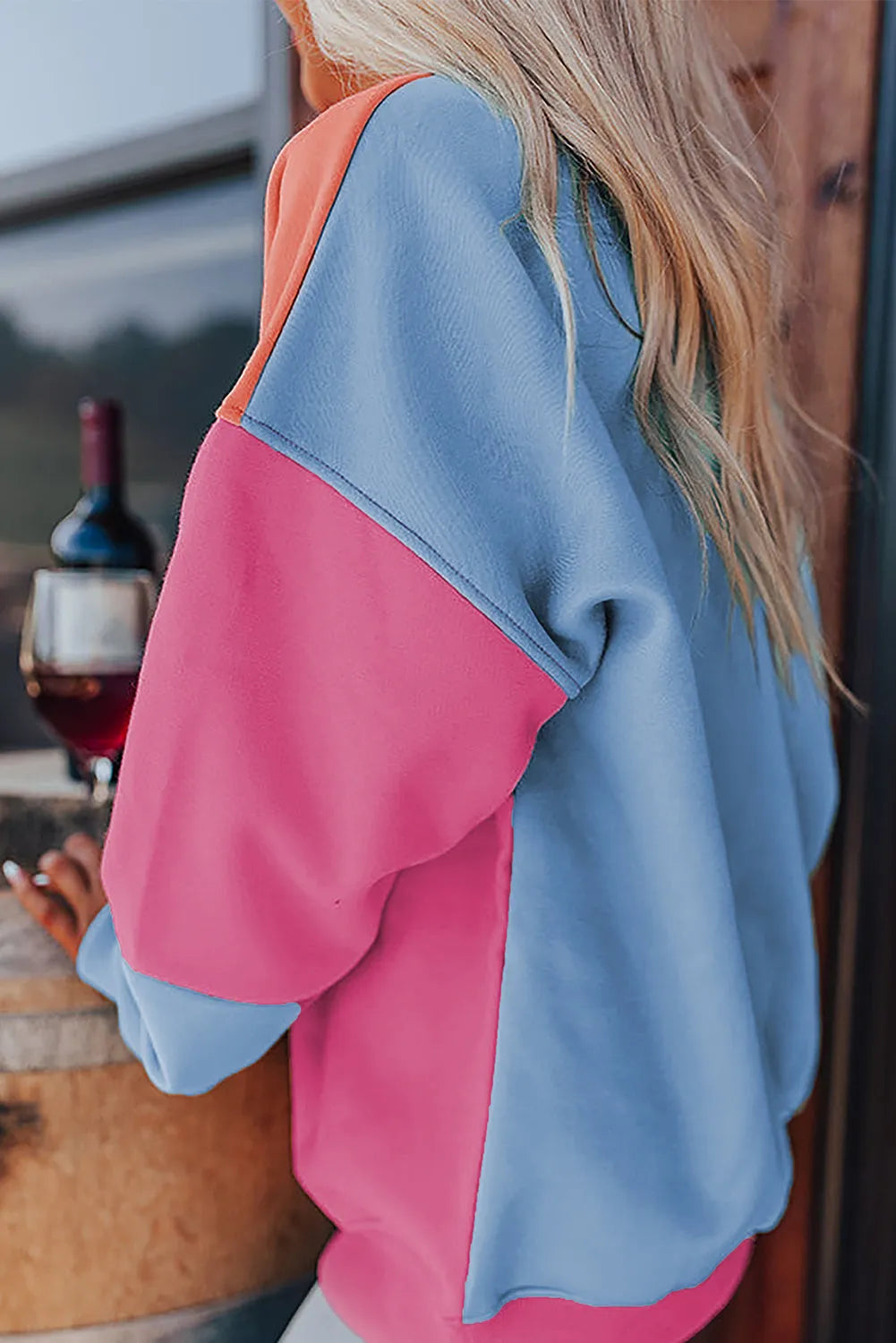 Bright Pink Colorblock Patchwork Drop Shoulder Sweatshirt - Chic Meadow Boutique 