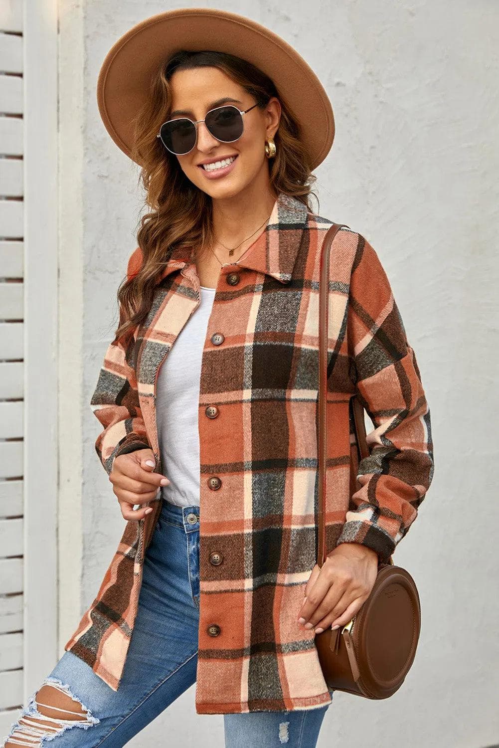 Outerwear/Jackets Orange Plaid Print Buttoned Shirt Jacket